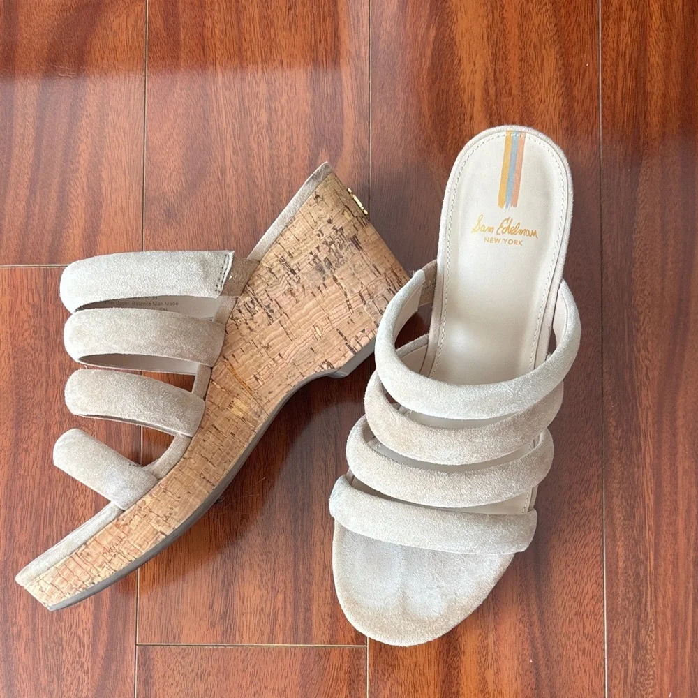 Sam Edelman Beige Suede Cork Wedge Slide Sandals